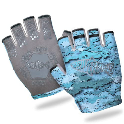 Riverruns SwiftShield Fishing Gloves Shortened Wrist UPF50+ Sun Gloves Fingerless Lightweight Breathable Hiking Driving Kayaking Paddling - color: CamoBlue, size: Small