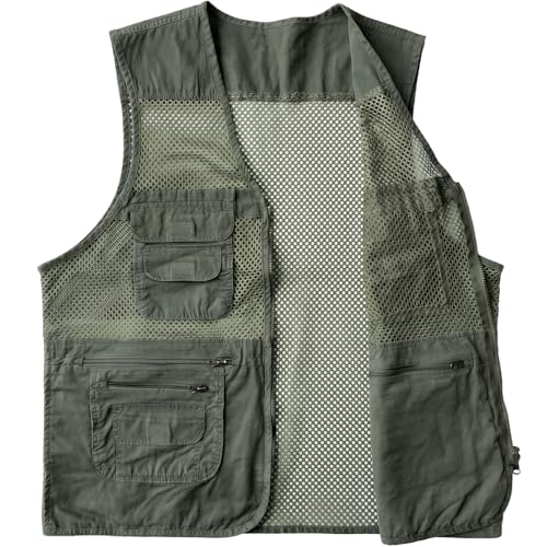 Men's Fishing Vest Multi-Pockets Unisex Mesh Utility Summer Vest for Hiking, Travel, Safari Waistcoat Jacket - color: Dark Green, size: Medium