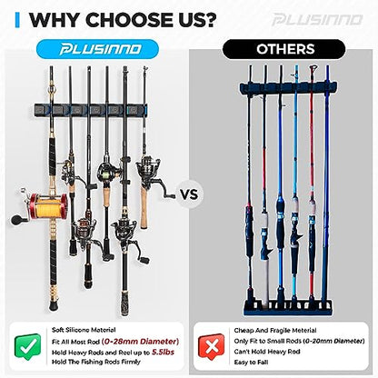 PLUSINNO Fishing Rod Holders - V6 Vertical Support for Extra Large & Heavy Fishing Rod Combos, Garage & Wall Mounted Rack Storage - style: Upgraded 1pack (Support Heavy rod combos)