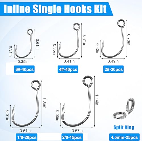 170pcs Inline Single Hooks Kit Single Replacement Inline Circle Hooks with Split Rings for Hard Lures Baits Freshwater Saltwater Fishing Tackle