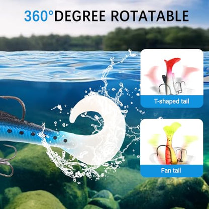 15PCS Lifelike Paddle Tail Swimbaits with Jig Heads, Pre-Rigged Soft Plastic Bass Fishing Lures Set, 6 Styles Trolling Baits for Freshwater & Saltwater, Includes Tackle Box