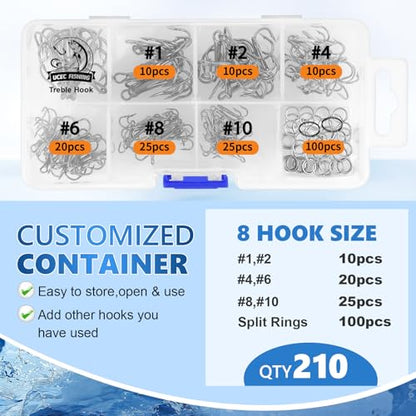 UCEC Fishing Hooks Treble Hooks Kit for Saltwater Freshwater, High Carbon Steel Strong Sharp Round Bend for Catfish Trout Hard Baits Lures, Size #1#2#4#6#8#10#12#14 110/50/210 Pack with Split Rings - style: 100pcs Split Rings & 110pcs Silver Hooks, #1 #2