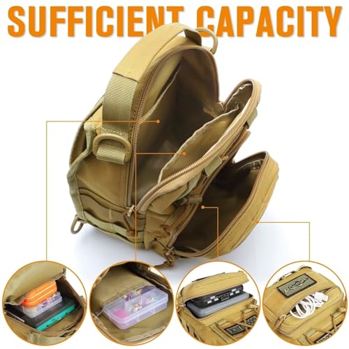 Dovesun Small Fishing Backpack, Waterproof Fly Fishing Sling Pack Tackle Bag with Tackle Boxes - color: D-Size:17.7*8.5*5.7in-Khaki(NO TACKLE BOX)