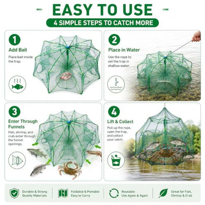 Fishing Bait Trap, 10-Hole 10-Sided Foldable Fishing Net Trap, Portable Nylon Mesh Collapsible Fish Trap with Storage Bag for Minnow Crab Shrimp Crawfish, Freshwater Saltwater