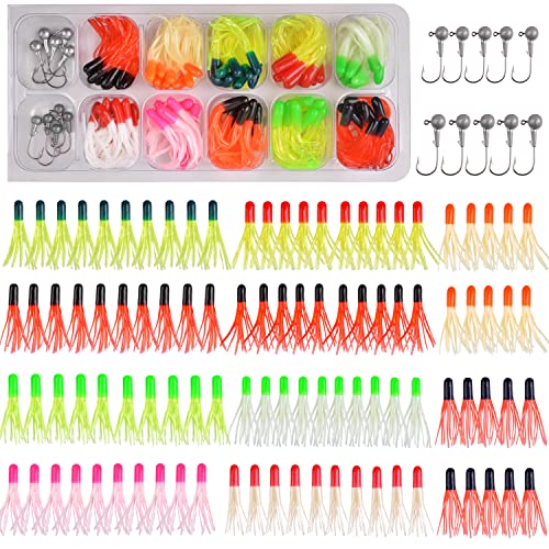 Grub Fishing Lures Jig Heads Hooks Kit, Crappie Lures Tube Baits Soft Worms Grub Tail Crappie Jigs for Bass Trout Bluegill Panfish Fishing 17-140pcs - color: 110pcs/kit