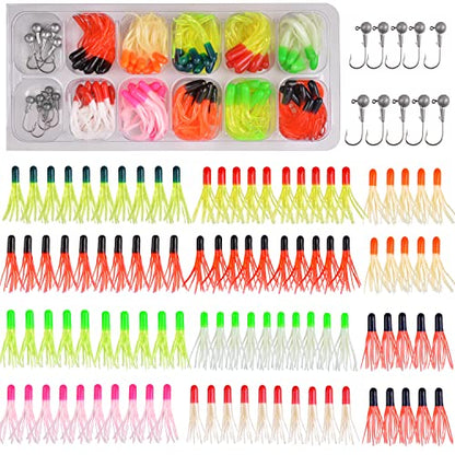 Grub Fishing Lures Jig Heads Hooks Kit, Crappie Lures Tube Baits Soft Worms Grub Tail Crappie Jigs for Bass Trout Bluegill Panfish Fishing 17-140pcs - color: 110pcs/kit