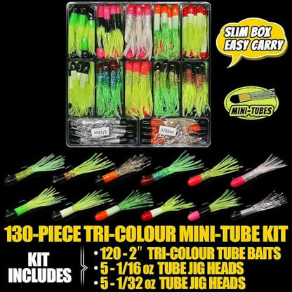 Crappie Jigs Kit with Tube Baits, 120pcs Soft Plastic Crappie Lures (12 Colors) & 10 Jig Heads for Panfish & Trout Fishing - color: Tri-Color Tube Collection Kit 130-Piece