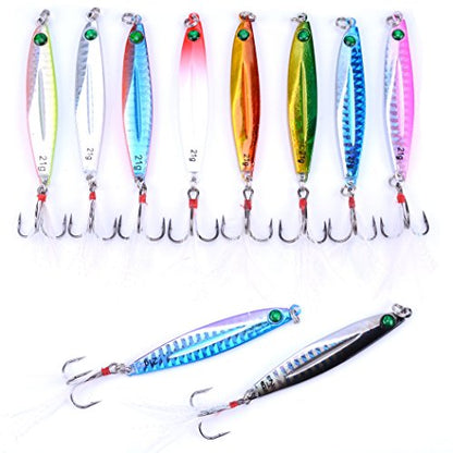 Aorace 10pcs Hard Metal Jigs Diving Sea Fishing Lures Minnow Popper Baits Tackle Crankbait Saltwater Freshwater Lures with Feather - color: 10pcs 7cm/21g