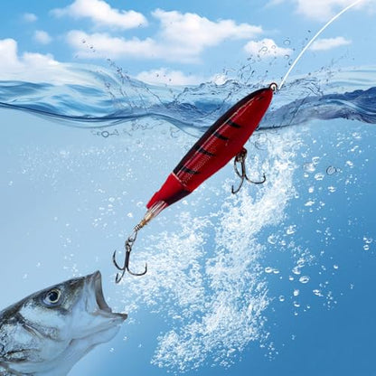 1-Pack Topwater Fishing Lures & Crankbaits Set - High-Action Popper Bass Lures with Rotating Tail, Saltwater/Freshwater Hard Baits for Trout, Pike, Catfish | Vibrating Lure Kit with Storage Box - color: dark red