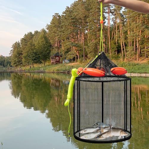 Leyndo 2 Pcs Large Collapsible Floating Fishing Net - Foldable Floating Fish Basket Net - Portable Fish Holder - Mesh Fishing Bait Storage Cage Trap for Minnows, Shrimp