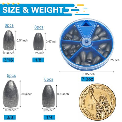 Fishing Weights Bullet Sinkers Flipping Weights for Bass Fishing Punching Carolina Rig Texas Rig Worm Sinker Freshwater Saltwater 1/8oz 3/16oz 1/4oz 3/8oz - style: Mix Size-29pcs