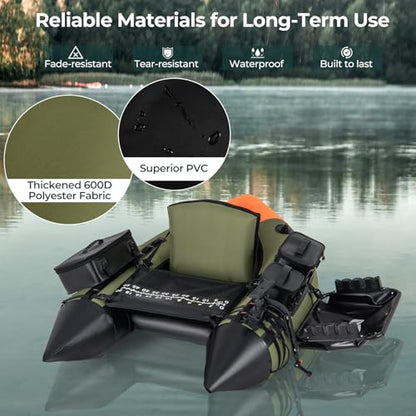 GYMAX Fishing Float Tube, Inflatable Belly Boat with Fish Finder Holder, Rod Rack, Fish Ruler, Manual Pump & Detachable Storage Boxes, Portable Backpack Float Tubes for Adults - color: Green