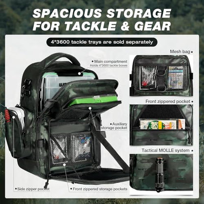 Ghosthorn Fishing Backpack with Tackle Boxes Fish Lip Gripper Pliers Lures Waterproof Tackle Bag with Rod Holder Fishing Gear - color: Tpu Green, size: Large
