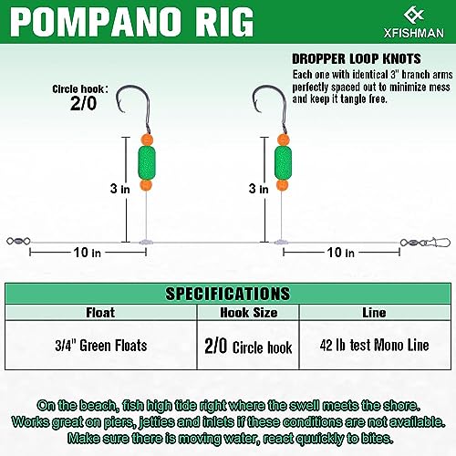 Pompano-Rigs-for-Surf-Fishing-Saltwater-Gear with Double Circle & Wide Gap Hook-6-Pack Surf Fishing Tackle - color: Green Floats 6-Pack, size: 2/0 Circle Hook