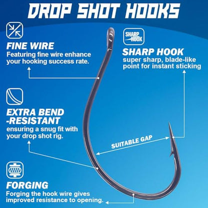 XFISHMAN Drop-Shot-Hooks-for-Bass-Fishing-Split-Shot-Dropshot-Hook-50 Pack - color: Black, size: #2