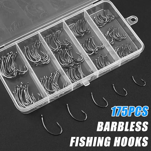 175pcs Barbless Fishing Hook Kits,Small Size Carp Fishing Hooks Curve Shank Crank and Wide Gape Fly Tying Hooks Circle Hook with Tackle Box Size 2#,4#,6#,8#,10#