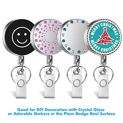 Selizo 4 Pieces Retractable Badge Holder Heavy Duty Badge Reels ID Holder with Keychain Ring Clip for ID Card Carabiner Key Card Work Badge - color: Silver