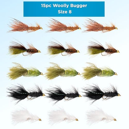 Woolly Bugger Fly Fishing Flies Assortment - Beadhead Streamer Wet Flies for Trout Bass Panfish - Hand-Tied Marabou Streamers for Rivers Lakes - size: 15 Pack – Size 8