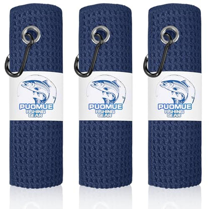 Puomue 3 Pack Microfiber Fishing Towels with Clip, 16" X 16", Waffle Pattern for Effective Cleaning of Fishing Gears or Dirty Hands, Perfect for Camping Towels and Hiking Towles (Blue, 16"X16") - color: Blue
