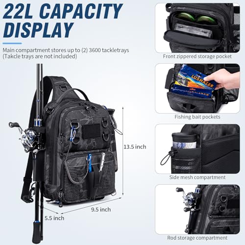 Fishing Bag, Small Fishing Tackle Sling Bag with Rod & Beverage Holder, Convertible Crossbody Shoulder Bag, Fish Gifts for Men Women, Black Camo - color: Black Camo
