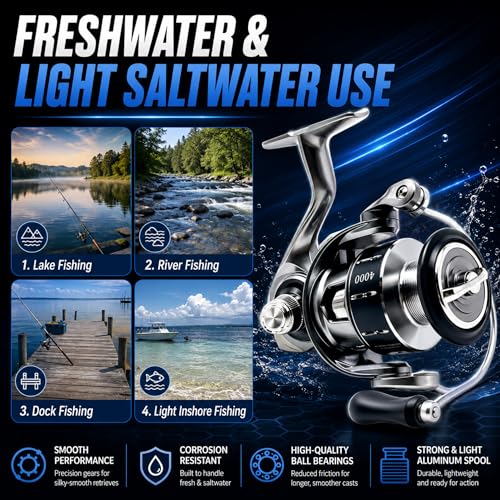 3000 Spinning Reel, 5.2:1 Gear Ratio, CNC Aluminum Spool, 5+1 BB | Lightweight Spinning Reel with 5.2 to 1 Gear Ratio 5 Plus 1 Bearings CNC Aluminum Spool and Reversible Screw In Handle