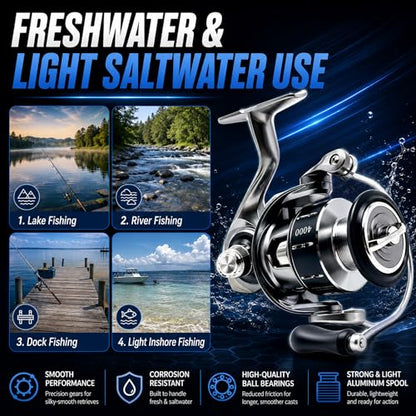 3000 Spinning Reel, 5.2:1 Gear Ratio, CNC Aluminum Spool, 5+1 BB | Lightweight Spinning Reel with 5.2 to 1 Gear Ratio 5 Plus 1 Bearings CNC Aluminum Spool and Reversible Screw In Handle