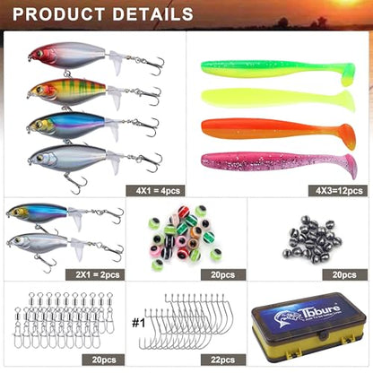 100 Pcs Fishing Lures Ploppers Equipment Tackle Gear Box for Bass, Floating Rotating Tail, Hard Fish Kit with Soft Lure,Hooks, Accessories Tools,Plastic Bait, Swimbait