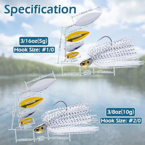 Goture Spinner Baits, Hard Metal Spinnerbaits Kit with 4 Spinner Blades, Spare Skirts Replacement, Buzzbait Spinnerbaits Fishing Lures for Bass Trout Pike Salmon Walleye Freshwater Saltwater - color: A1:2pcs(White & Gold), size: 10g 3/8oz