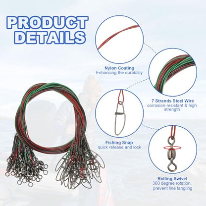PATIKIL Fishing Wire Leader Line Steel Heavy Saltwater Fishing Leader Line High Strength with Rolling Swivel and Snap - color: Black/Red/Green