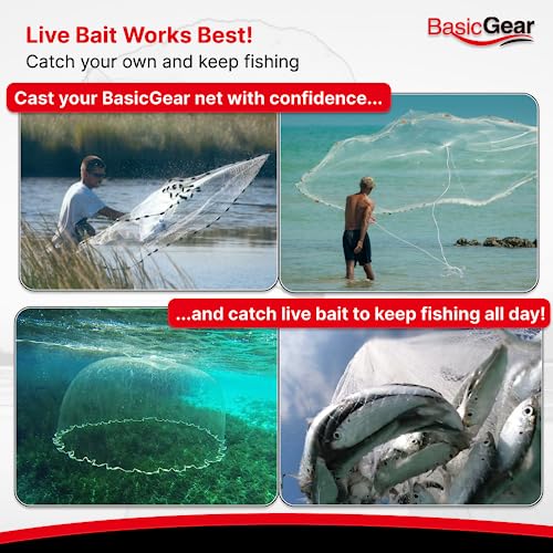 BasicGear Cast Net | 3ft-12ft Radius, 3/8 or 1/4 inch Mesh for Freshwater and Saltwater Bait Fish| Professional Grade and Upgraded Material | Throw Style - size: 5ft Radius, style: Zinc Iron, 3/8" Mesh