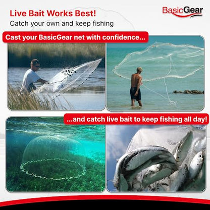 BasicGear Cast Net | Lead, 3ft-12ft Radius, 3/8 or 1/4 inch Mesh for Freshwater and Saltwater Bait Fish| Professional Grade and Upgraded Material | Throw Style - size: 6ft Radius, 3/8" Mesh
