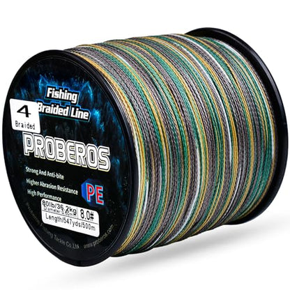 PROBEROS Braided Fishing Line - 4 Strands PE Fiber Fish Braid Lines - High Sensitivity Zero Stretch Strong Abrasion Resistant Superline - 500M/546YD 6LB-100LB - color: Green Camouflage, size: 15LB(1092Yards) - 8 Strands