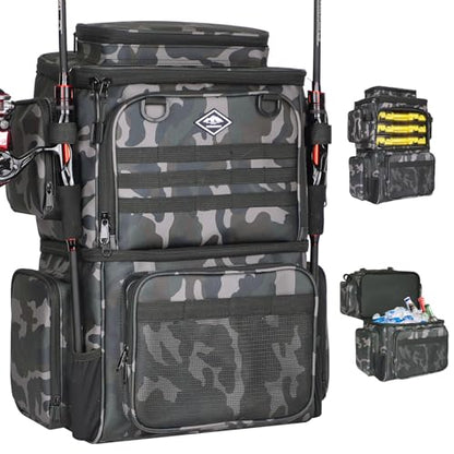 Fishing Tackle Backpack with Cooler Bag, 53L Waterproof Fishing Bag with 2 Rod Holders, Large Fishing Backpacks with Bottle Holder & Coolers, Tackle Storage, Heavy Duty Outdoor Cooler Backpack for Men