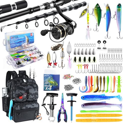 Fishing Backpack with Tackle Boxes and Rod Holder, 24L Fishing Sling Bag with Fishing Lures Kit, Fishing Gear Bag Gifts for Men Women - Camo Black Backpack - color: Camo Black