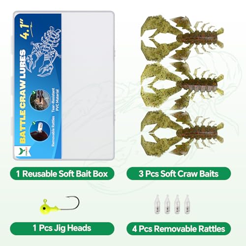 4.1" Crawfish Lure for Bass Fishing, Soft Plastic Craw Bait Kit with Removable Rattles & Jig Head, Reusable Bait Box for Freshwater Bass - color: green