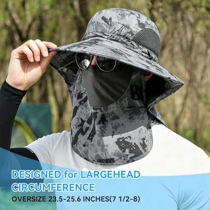 ALANDUO Wide Brim XXL Sun Hats for Men Big Head, UPF 50+ Fishing Sun Hat with Neck Face Flap, Safari Boonie Hat for Men Women - color: Ink Dark Grey
