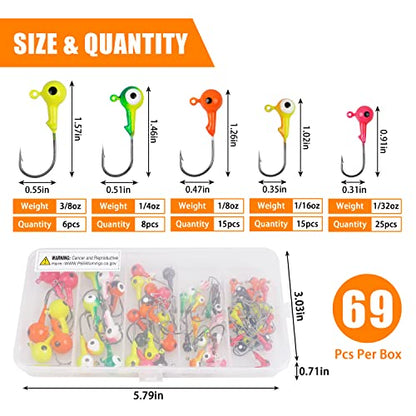 Fishing Jig Head Hooks Kit, Round Ball Crappie Jig Heads Lures Assorted Painted Fishing Lures Jig Heads for Walleye Bass Saltwater Freshwater Fishing 50/69/70pcs - style: 69pcs Kit