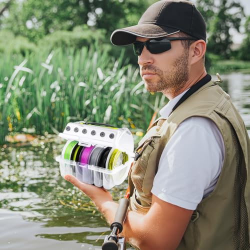 POPETPOP Fishing Line Holder Organizer Box Portable Plastic Spool Case with Handle for Nylon Carbon Pe Lines 6.49X4.92X3.93 Inches Lightweight Fishing Tool Storage