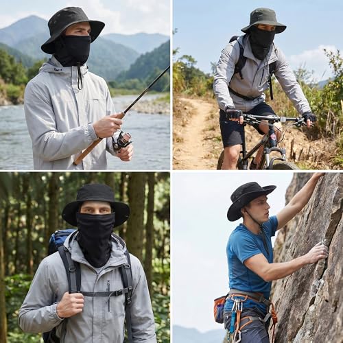 Pistha Sun Hats for Men with Balaclava Face Mask, UV Protection Bucket Hats for Mens Outdoor Fishing Safari Hiking - color: Black