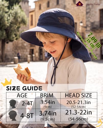Home Prefer UPF50 Wide Brim Kids Sun Hat Neck Flap Boys Girls Sun Protection Hat for Beach Fishing - color: Navy Blue, size: 4-8 Years