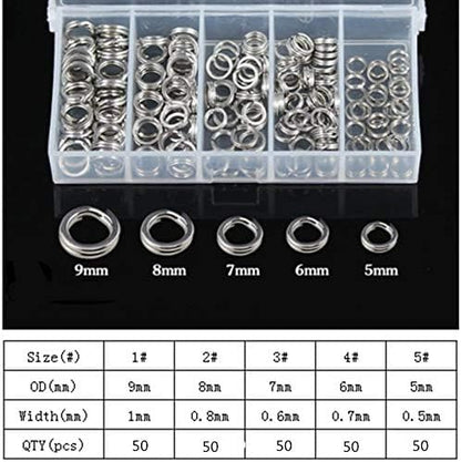 Fishing Split Rings Kit: 250pcs Heavy Duty Steel Fishing Lure Making Ring Fishing Hook Connector Tackle - color: Silver Split Set