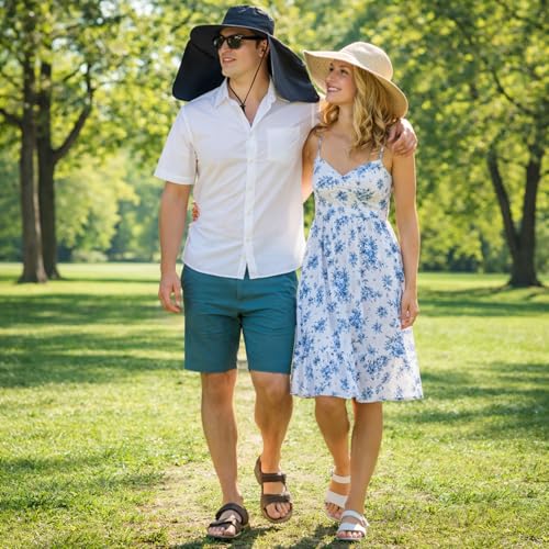 HUAMULAN Men Summer Sun Hat Women Safari Wide Brim Fishing Hats UV Protection Neck Flap Bucket Gardening Hiking Hunting Cap - color: Hyp016-black