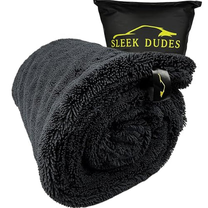 Sleek Max Dry 2000GSM Car Drying Towel 20x31, Black | Ultra-plush twist-loop microfiber, maximum absorption, soft on paint, double-sided, cars, trucks, SUVs & full-vehicle drying - color: Black