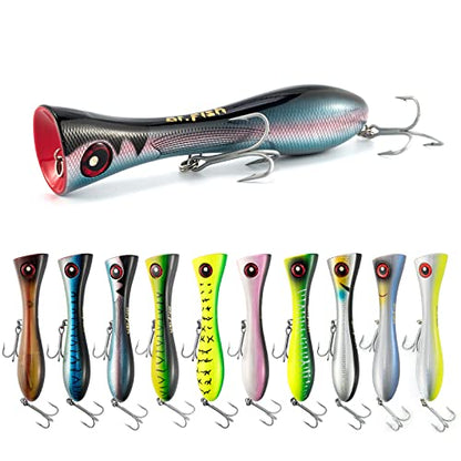 Dr.Fish Popper Saltwater Fishing Lures, 8 Inches GT Popper VMC Treble Hooks Surf Fishing Lures for Striper Tuna Barracuda Mackerel Snapper Bluefish Pencil Plugs Offshore - color: Blue Amberjack(8")-1 Pack