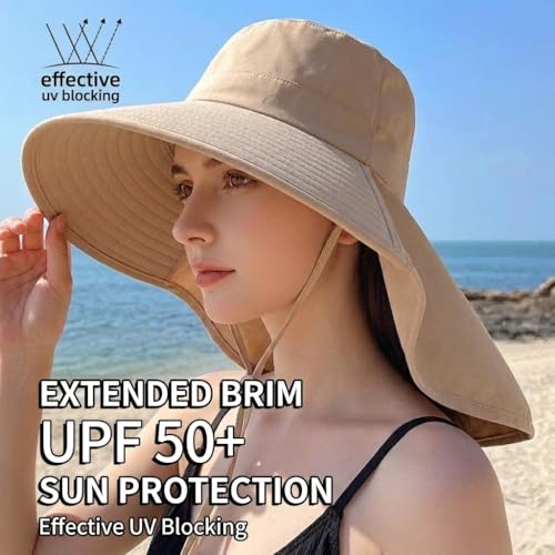 Wide Brim Sun Hat with Neck Flap Foldable Beach Protection Summer Garden Hat with Adjustable Wind Cord for Hiking Fishing Beige