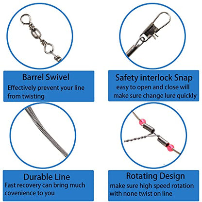 Fishing Leader Saltwater Freshwater,Stainless Steel Fish Rig with Swivel Snap Beads Connector Lure Bait and Hooks Fish Trace Lure Steel Wire Fishing Tackle Kit - color: 3arm 12pack