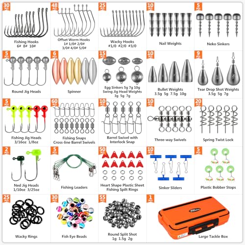 PLUSINNO Fishing Gear Accessories Kit, 449PCS Fishing Tackle Box with Tackle Included, Fishing Hooks, Fishing Weights Sinkers, Jig Heads, Fishing Tackle Set Equipment for Bass Trout, Gifts for men - color: 449PCS Fishing Tackle Kit