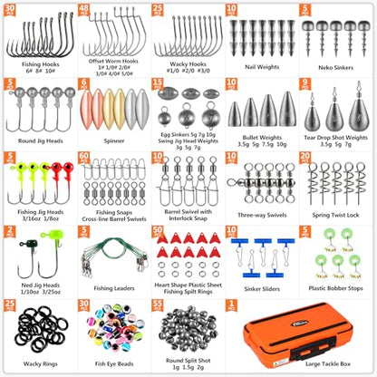 PLUSINNO Fishing Gear Accessories Kit, 449PCS Fishing Tackle Box with Tackle Included, Fishing Hooks, Fishing Weights Sinkers, Jig Heads, Fishing Tackle Set Equipment for Bass Trout, Gifts for men - color: 449PCS Fishing Tackle Kit