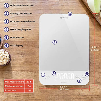 Etekcity 22lb Food Kitchen Scale, USB Rechargeable, IPX6 Waterproof | Digital scale with grams & ounces, 1g precision, 5 weight units, tare, ideal for baking and meal prep, White - color: Achromatic White