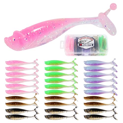 30pcs Soft Plastic Swimbaits with Paddle Tail, T-Tail Fishing Lures for Vertical Jigging and Casting, Freshwater Swimbaits for Bass, Trout, Walleye & Crappie - color: Classic, 2.2''